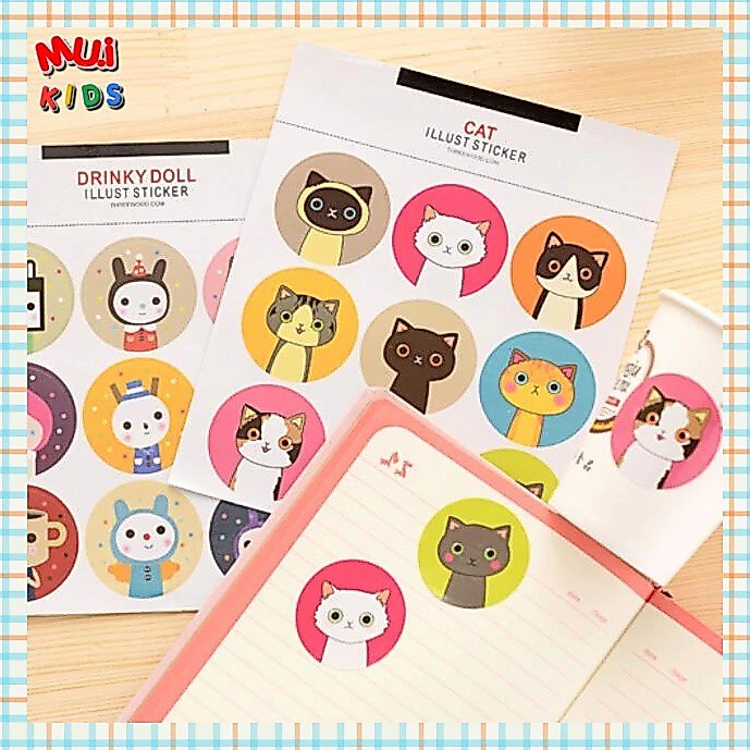 Cat Illust Sticker สติ๊กเกอร์กลมหน้าแมว 🐱🎨 สติ้กเกอร์กันน้ำ ลอกออกยาก By Muikid