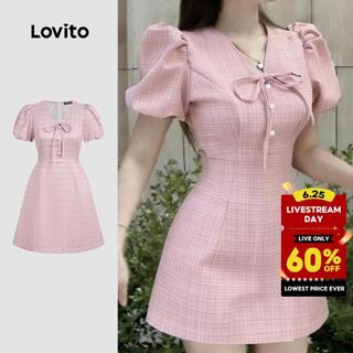 Lovito Women Casual Dress Bow Button Front Spring/summer Pink Dress LK5ED513
