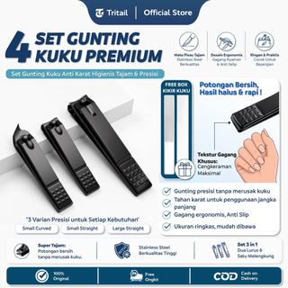 Tritail - 4pcs / Set Gunting Kuku Hitam Doff Stainless Steel Model Sudut Miring Lancip Tajam Dan Kikir Kuku Portable