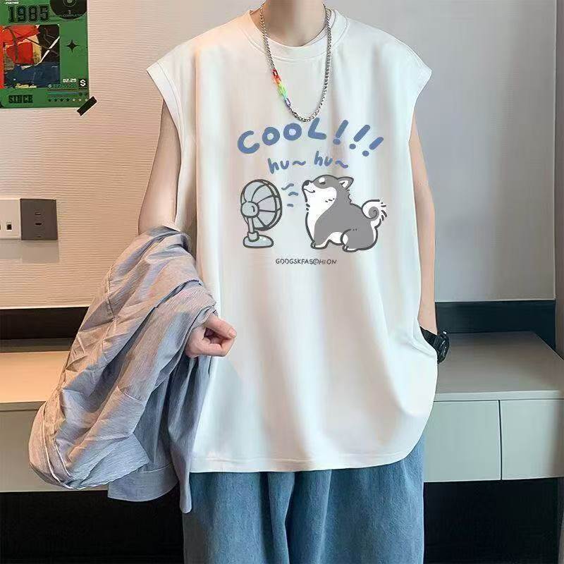 COD จัดส่งตลอด 24 ชั่วโมง Fanfeiเสื้อกล้ามผู้ชาย ลายการ์ตูนหมากับพัด ลายเส้น简约 สําหรับหนุ่มๆใส่เที่ย
