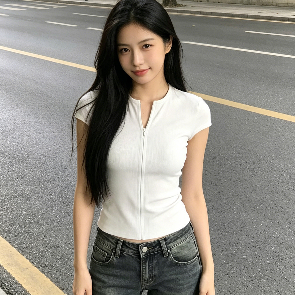 เสื้อยืดคอวีผู้หญิง แขนสั้น คอวีแต่งขอบริ้ว รูปที่ 8
