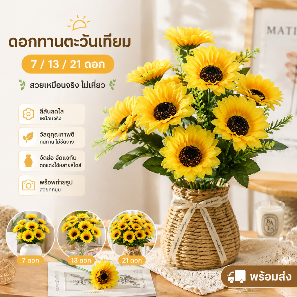 ดอกทานตะวันเทียม 7/13/21 ดอก เหมือนจริง ไม่เหี่ยว จัดช่อ/แจกัน ตกแต่งบ้าน คาเฟ่ งานแต่ง พร็อพถ่ายรูป พร้อมส่ง