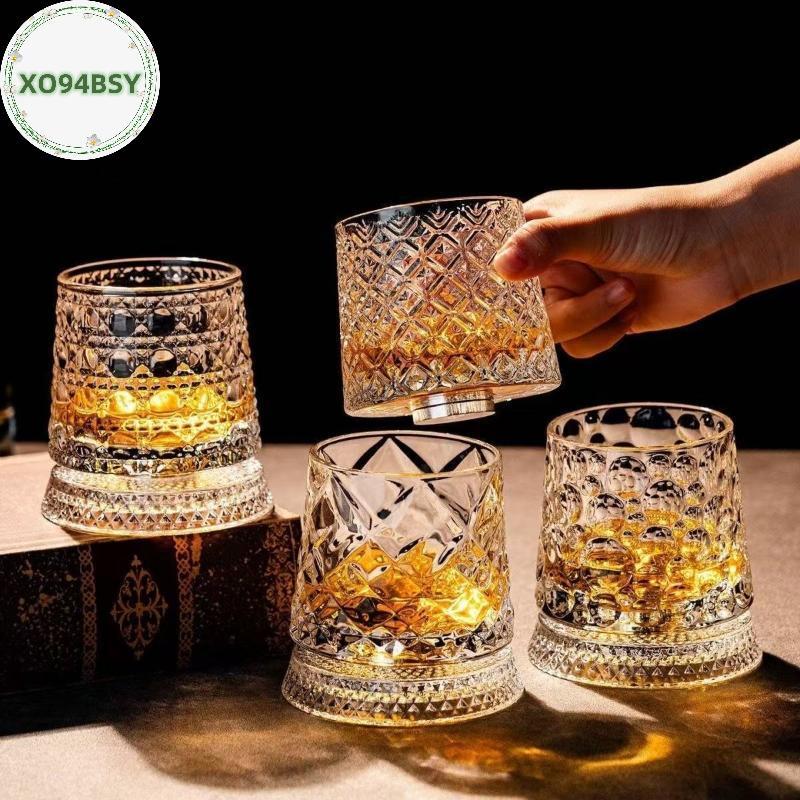 XO94BSY 2026 ใหม่แว่นตาหมุน Whisky แก้วฐานแก้ว 360 หมุนองศาคริสตัล Rum แก้วสําหรับ Cotail Party ดื่ม