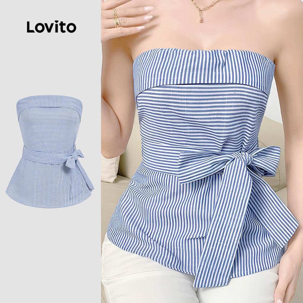 Lovito เสื้อสายเดี่ยวผู้หญิง ลายทาง แต่งซิปและสายผูกด้านหน้า สไตล์แคชชวล สำหรับผู้หญิง L129AD1477