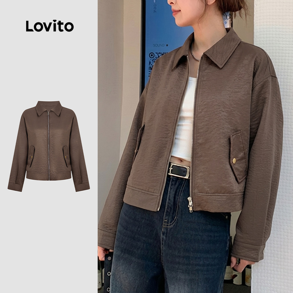 Lovito เสื้อคอวีมีกระเป๋า สไตล์เรียบง่าย สําหรับผู้หญิง สีเบจ LK2AD1109