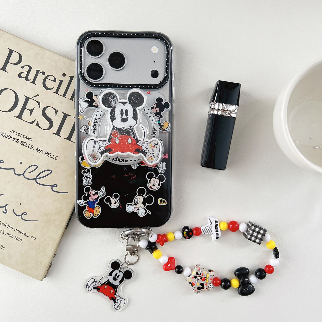 เคสแม่เหล็กมิกกี้ไล่โทนสี 2-in-1 พร้อมสร้อยข้อมือสําหรับ iPhone 15/16/17 Pro & Pro Max, ฝาครอบผู้หญิงน่ารัก