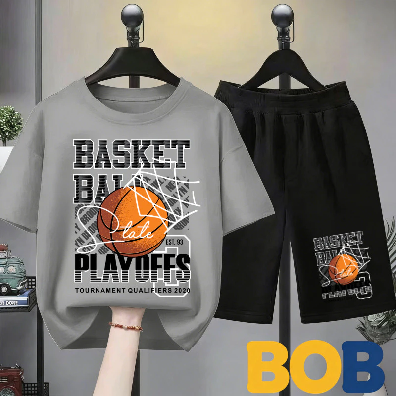 【ส่งไว 24ชม】2ชิ้น BOB ชุดเด็กผู้ชาย เสื้อยืดแขนสั้น ทอผ้าฝ้ายผสม ลายอเมริกัน สไตล์เท่ห์ ใส่สบาย ไม่ร้อน ปี 2026#32104