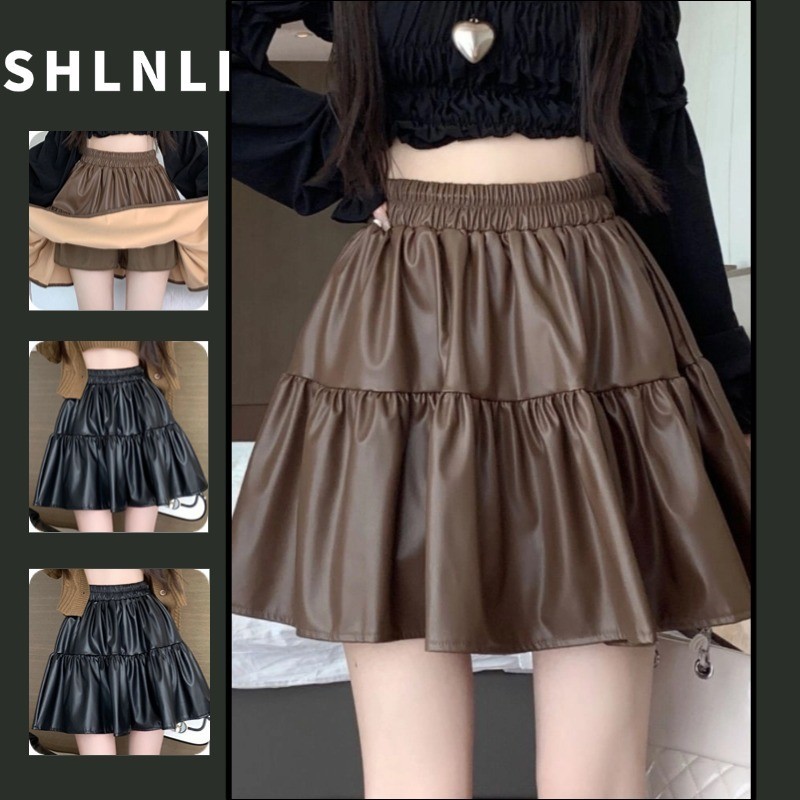 เอียวนุ่มยืดสีกาแฟสำหรับผู้หญิง กระโปรงสั้นPUหนังทรงA-line พรางงานปัก สำหรับฤดูหนาวและใบไม้ร่วง