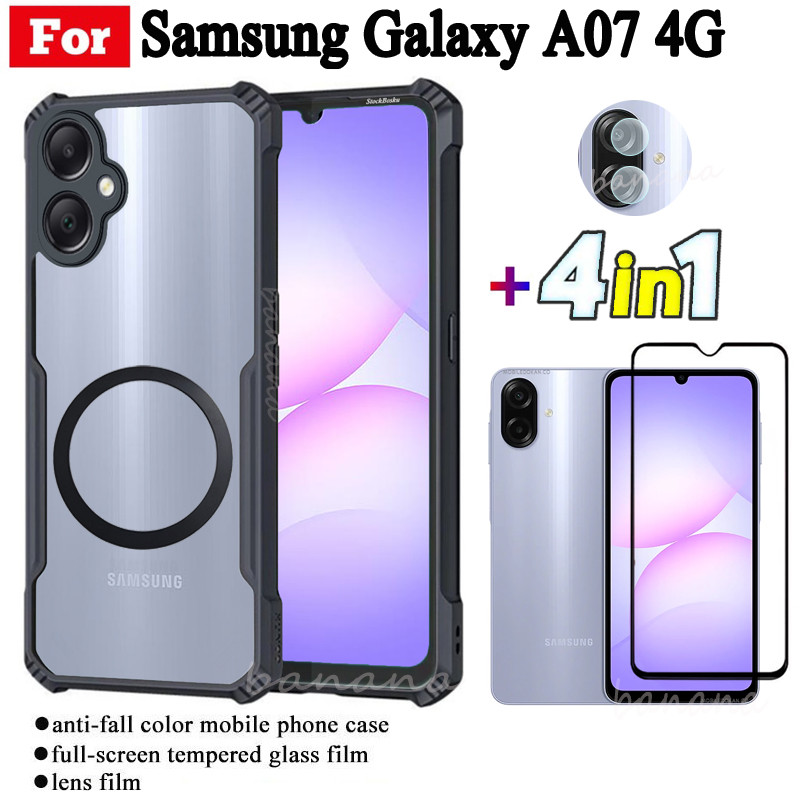 4 in 1 Samsung A07 4G เคสโทรศัพท์กันกระแทกสําหรับSamsung Galaxy A07 4G A17 พร้อมสติกเกอร์ชาร์จไร้สายแม่เหล็กและกระจกนิรภัยเต็มรูปแบบและฟิล์มเลนส์