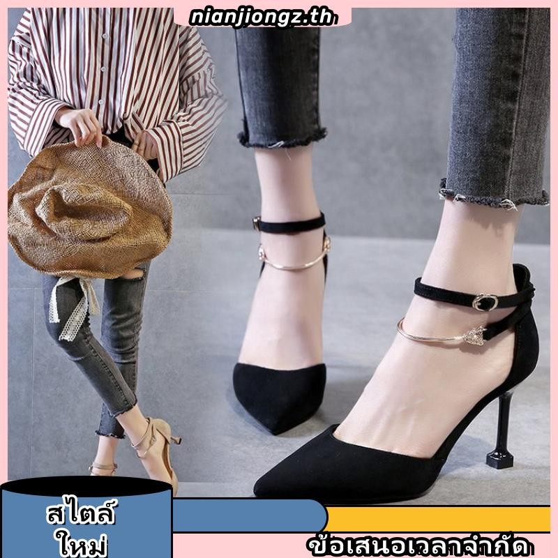 รองเท้า holster รองเท้าเพชร รองเท้าแตะสไตล์เกาหลีรองเท้าส้นสูงผู้หญิงส้นเข็มหัวเข็มขัดหัวแหลมหนังกลั