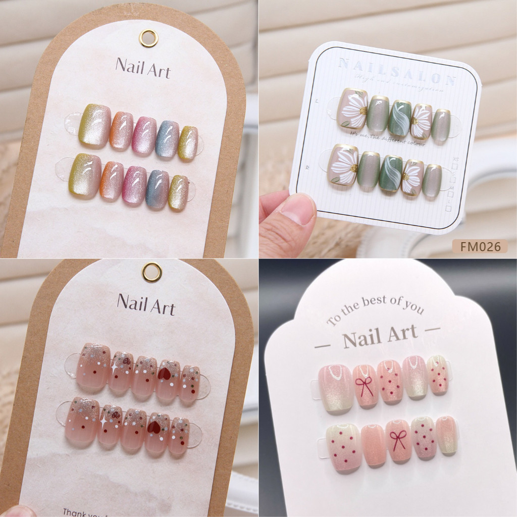 10 ชิ้น Cat Eye เล็บปลอมสติกเกอร์ Jelly กาวสั้นบัลเล่ต์เล็บออกแบบ XS/S/M ขนาด COD