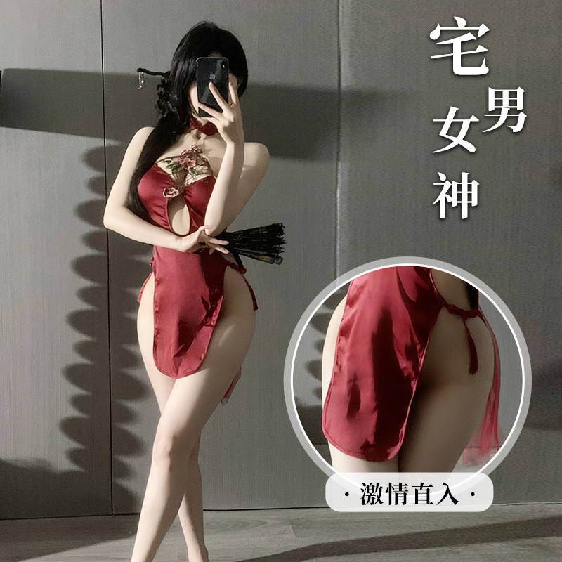 ชุดชั้นในเซ็กซี่เซ็กซี่ Halter คอ Water Drop Hollow เอวสูง Slit Cheongsam ชุดเครื่องแบบ ABJ8