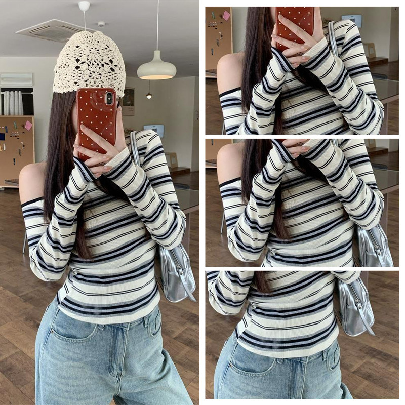 เสื้อแขนยาวลายทางดีไซน์เปิดไหล่ที่ทันสมัยและเซ็กซี่ของผู้หญิง - รูปที่ 5