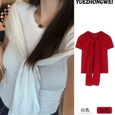 ผ้าคลุมไหล่และเสื้อยืดลายลูกไม้ แบบสวมคอดีไซน์เก๋ สไตล์ฤดูร้อน | Glamour Remember Me KNIT VNQ4