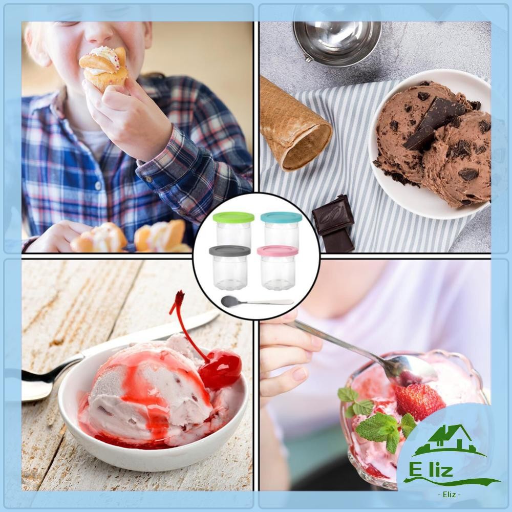 [Elizabeth1.th] 4 ชิ้นภาชนะไอศกรีมสําหรับ Ninja Creami Pints พร้อมฝาปิดเครื่องทําไอศกรีมโถเก็บสําหรั
