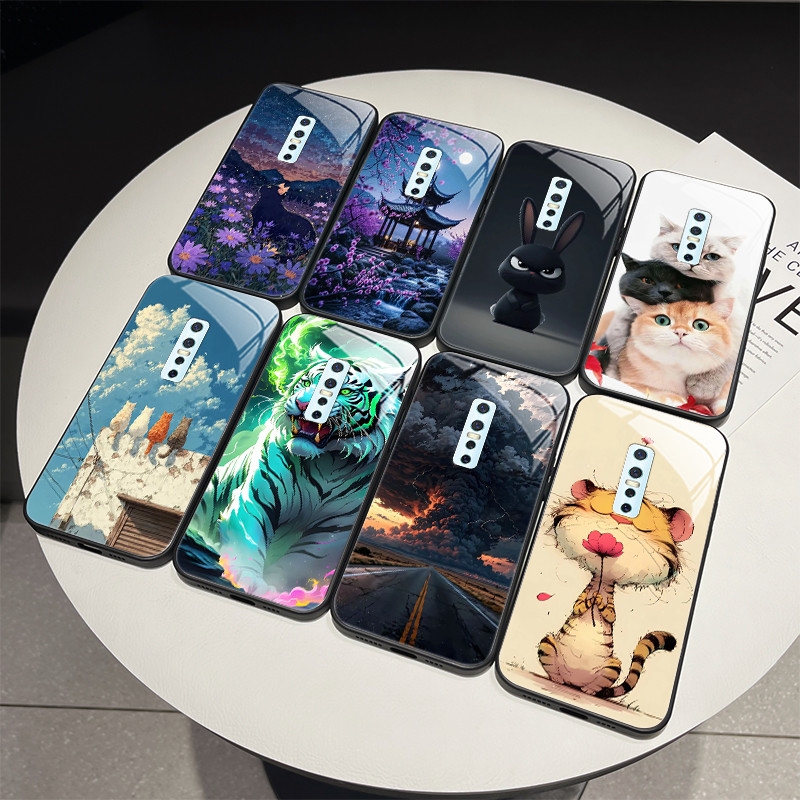 สําหรับ Vivo V17 Pro 1909 1910 ดอกไม้หรูหราแมวประณีตปลอก Vivo V17Pro กระจกนิรภัยเคสโทรศัพท์