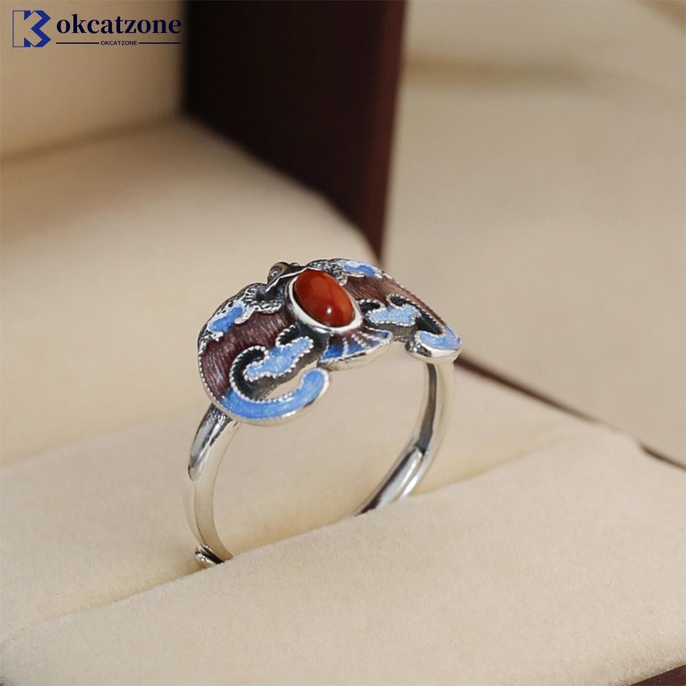 OKCATZONE แหวนเงินVintage สไตล์จีนโบราณ ทำจากS925และอาเกตสีแดง มาในกล่องของขวัญพร้อมใบรับรอง B6I9