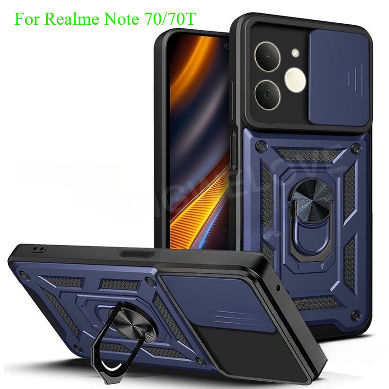 เคสโทรศัพท์สําหรับRealmeหมายเหตุ70 70Tหมายเหตุ80 70 60 60X Narzo N61 Note70T 4G 5G 2025แฟชั่นโลหะเกราะแหวนวงเล็บPushดึงกล้องกันกระแทกป้องกันปลอกปกแข็ง