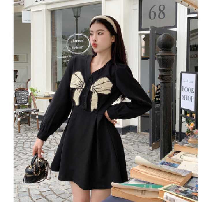 ไขมัน mmV คออารมณ์ Slimmer ดูชุด Bowknot แฟนชุดสีดําเล็กๆ a-Line