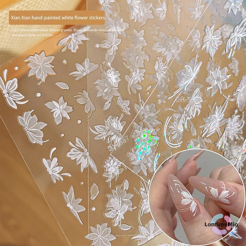 LontimeMio] White Magnolia Flower Hand Drawn Temperament Nail Sticker Enhancement กาวรูปลอกตกแต่งใหม่ ราคา ถูกที่สุด ดีลบีเคเค แกลเลอรีภาพที่ 3