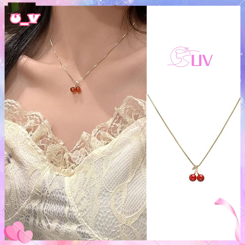 UV✨สร้อยคอโซ่ จี้เชอร์รี่ สีแดง ขนาดเล็ก หรูหรา เรียบง่าย เหมาะกับฤดูร้อน สำหรับผู้หญิง หนังแท้ วัสดุพรีเมียม
