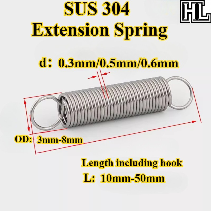 [HL-YSLH] 304 สแตนเลส สปริงแรงดึงพร้อมตะขอ สปริงแรงดึง (WD0.3mm/0.5mm/0.6mm * OD3mm-8mm * L10mm-50mm) สปริงแรงดึง