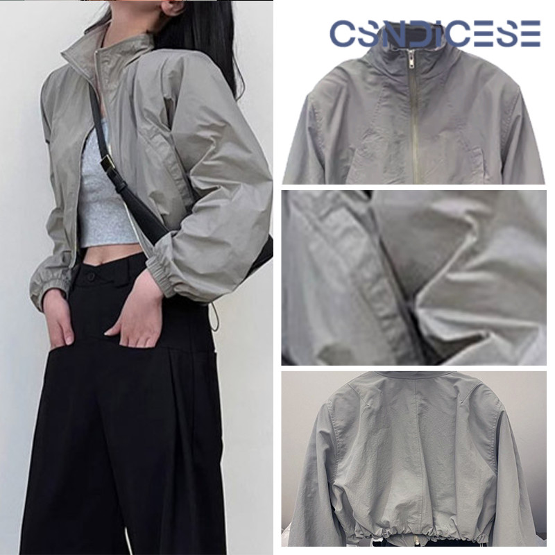 🧥【CSND】เสื้อกันลมสั้นคอตั้ง ซิปหน้า ผูกเชือก บางเบา กันลมกันแดด ใส่กลางแจ้งหรือเดินทาง เนื้อนิ่ม ระบายอากาศดี M-XL