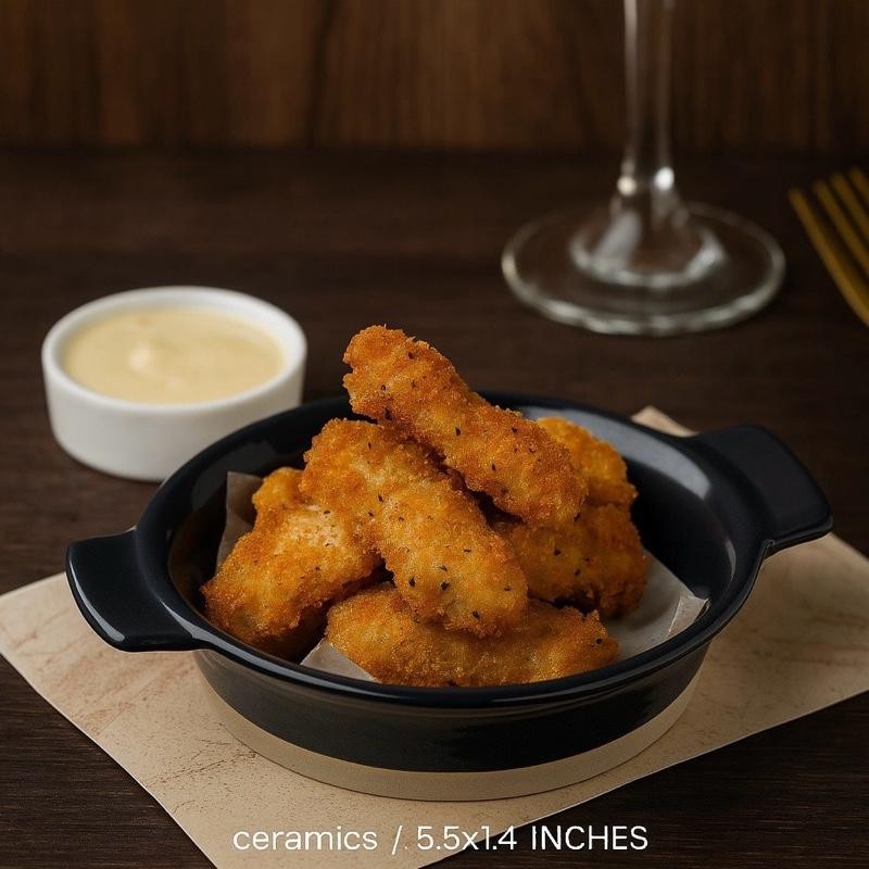 TH จาน 5.5 ทรงเตี้ย สีดำด้าน ขอบด้านล่างสีดินเผาธรรมชาติ ขนาดกำลังดีสำหรับเสิร์ฟขนมหวานหรือของทานเล่น