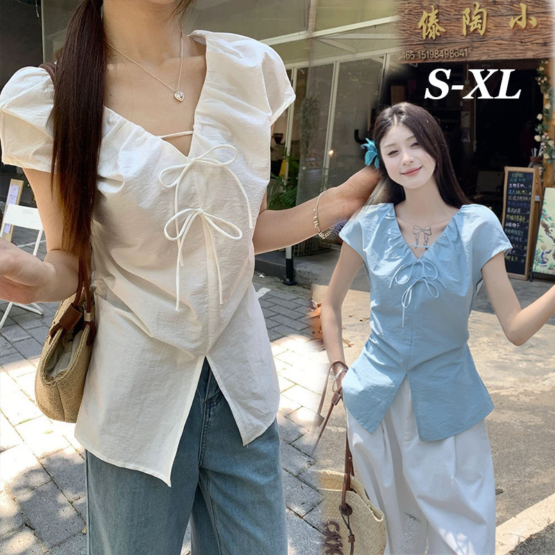 Dahong 💖 99200  เสื้อแขนสั้นผู้หญิงสไตล์เกาหลี เสื้อเเขนพอง ดีเทลผูกโบว์หน้า ลายเรียบ เชือกด้านหน้า เสื้อผ้าแฟชั่นมาใหม่