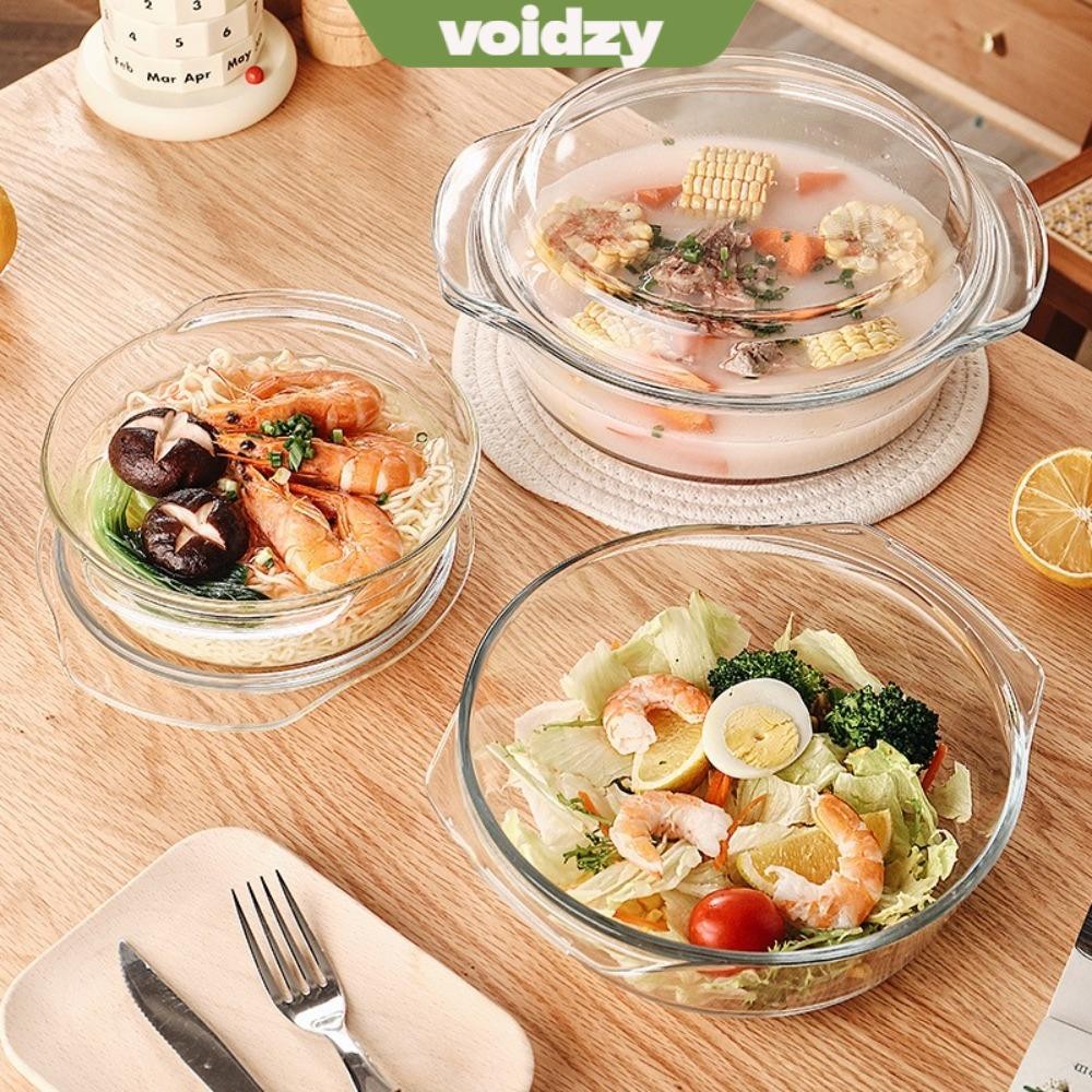 VOIDZY ชามคริสตัลแก้ว, ชามเตาอบไมโครเวฟด้ามคู่ Borosilicate สูง, ทนความร้อนพร้อมฝาปิดจานอาหารค่ํา