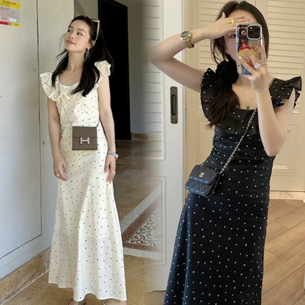Bella Shop ชุดเดรสคอปกตุ๊กตาลายจุดสีดำสำหรับผู้หญิง ดีไซน์เข้ารูปช่วงเอว ชุดเดรสยาวสไตล์วันหยุดสุดอ่อนโยน
