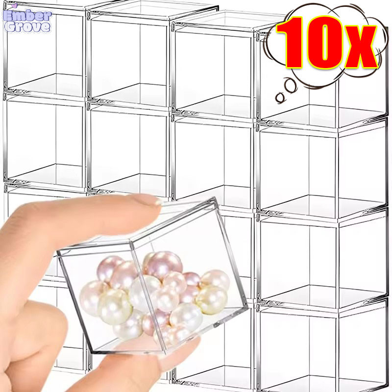 1-10 ชิ้น กล่องเก็บของขนาดเล็กพร้อมฝาปิด / กล่องแสดงเครื่องประดับทรงลูกบาศก์สี่เหลี่ยมใส / กล่องใส่ขนมพลาสติก