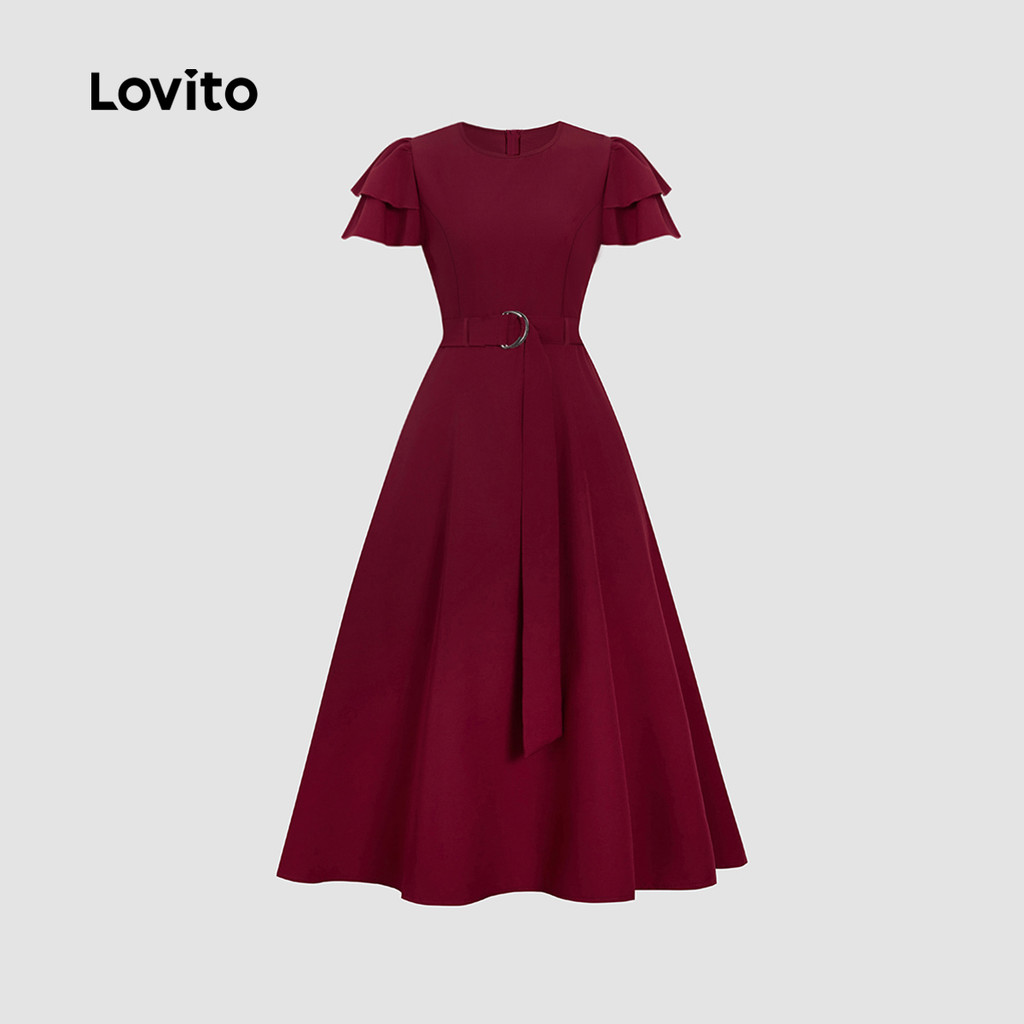 Lovito ชุดเดรสสองชั้นผู้หญิง สีพื้น เรียบหรู พร้อมสายคาดเอว สีไวน์แดง สําหรับฤดูใบไม้ผลิ/ฤดูร้อน L155ED434 - รูปที่ 2