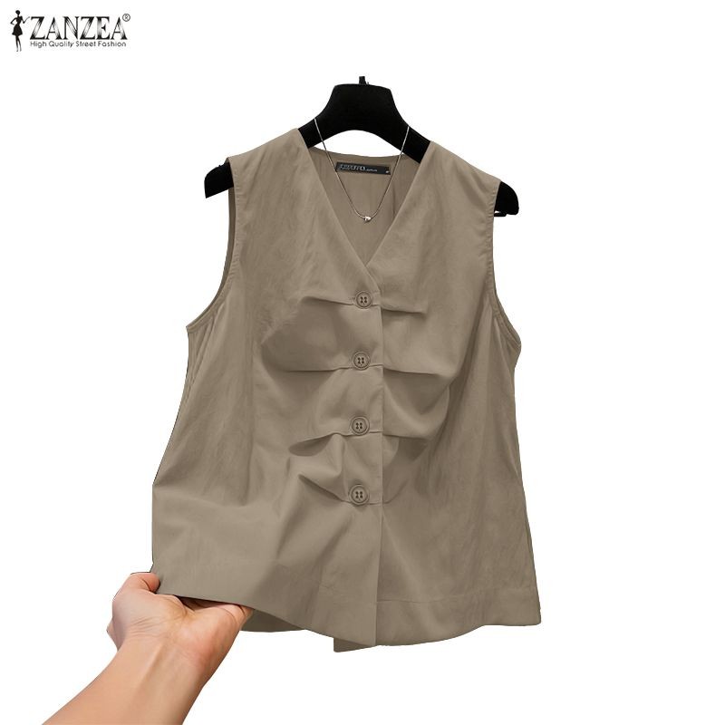 ZANZEA สไตล์เกาหลีสำหรับผู้หญิงทำงาน ออกแบบเสื้อแขนกุดทรงวี พิมพ์ลายพับ