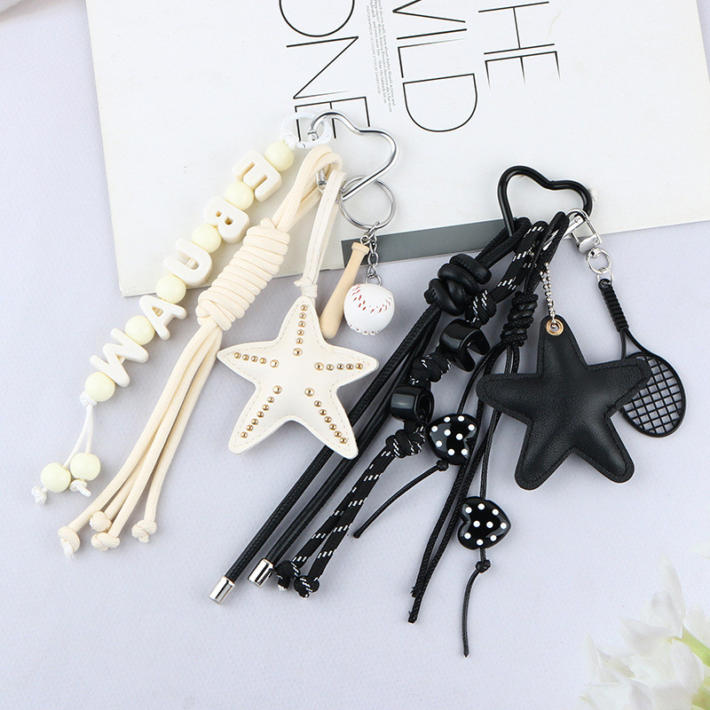 Ins Style Creative diy Unique Starfish Letter Beaded Keychain miu Series Black White Two-Color Car B