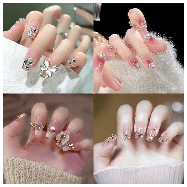 เล็บปลอม เล็บปลอม pvc ทํามือสวมใส่เล็บขายส่งกลางความยาวแชมเปญทองเพชรโบว์ความปรารถนาบริสุทธิ์ทําเล็บม