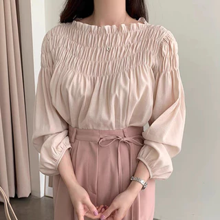 Hotgirl พร้อมส่ง เสื้อแขนยาวคอกลมสไตล์ฝรั่งเศสหวานๆ แขนพอง ดีไซน์จับจีบ สไตล์ย้อนยุคสบายๆ หลวมๆ