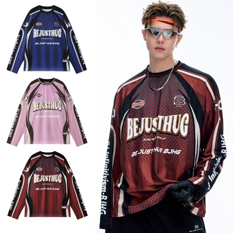 เสื้อยืดแขนยาวผู้ชาย สไตล์อเมริกันเรโทร ทรงหลวมสำหรับคนชอบแฟชั่นระดับไฮเอนด์