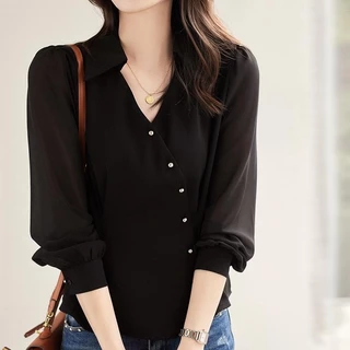 Dahong 99205 เสื้อเชิ้ตแขนยาวผู้หญิง คอวี สีขาว กระดุมแนวทแยงโลหะ คอปกแฟชั่นผู้หญิง ผ้าซาตินสีพื้น เรียบๆ เนื้อผ้าลื่น