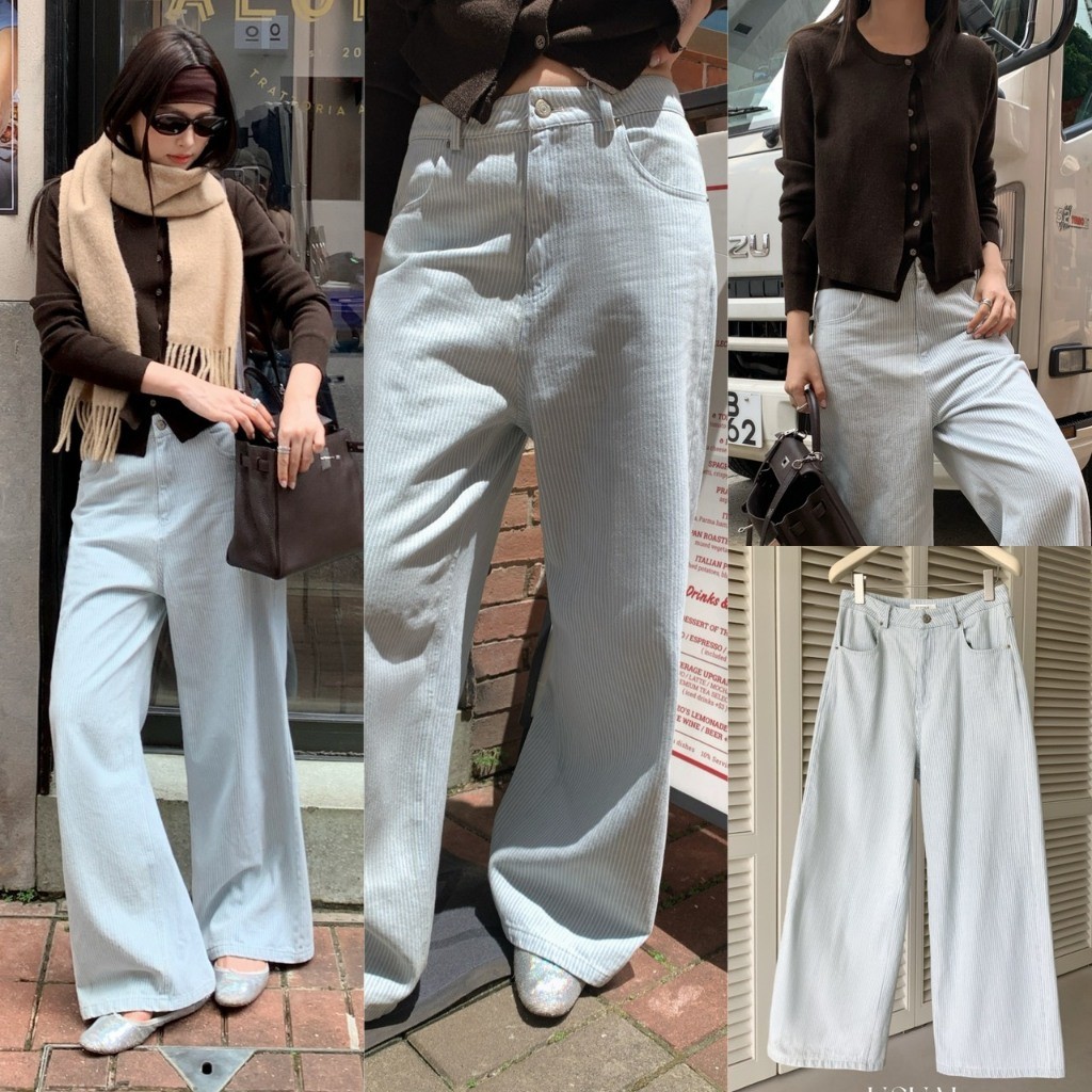 🧡🧵 🇰🇷 D7814 กางเกงขายาว ทรงขากระบอก ลายริ้วฟ้า ทรงสวย ผ้าดีมากๆค่า ผ้าแฟชั่นเกาหลี TAG YJIA 🧵🧡