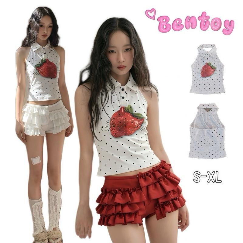 bentoy พร้อมส่งในไทย (3356) เสื้อกล้ามคอปกแขนกุดลายจุด