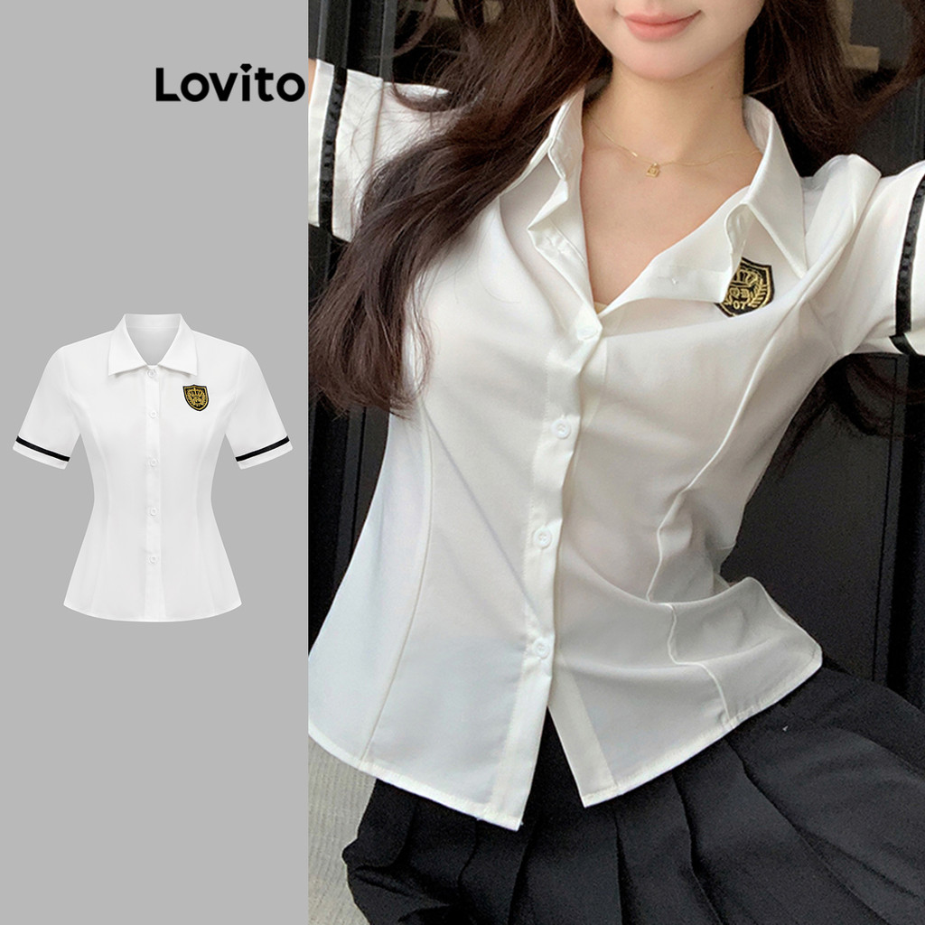 Lovito เตรียมใจ เสื้อธรรมดาคมชัดเทปตราเสื้อสําหรับผู้หญิง LBA79139