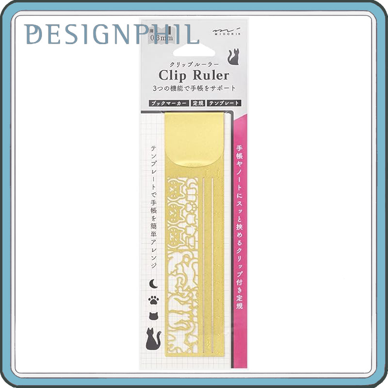MIDORI Ruler Clip Ruler - Decorative Line Pattern & Cat Design