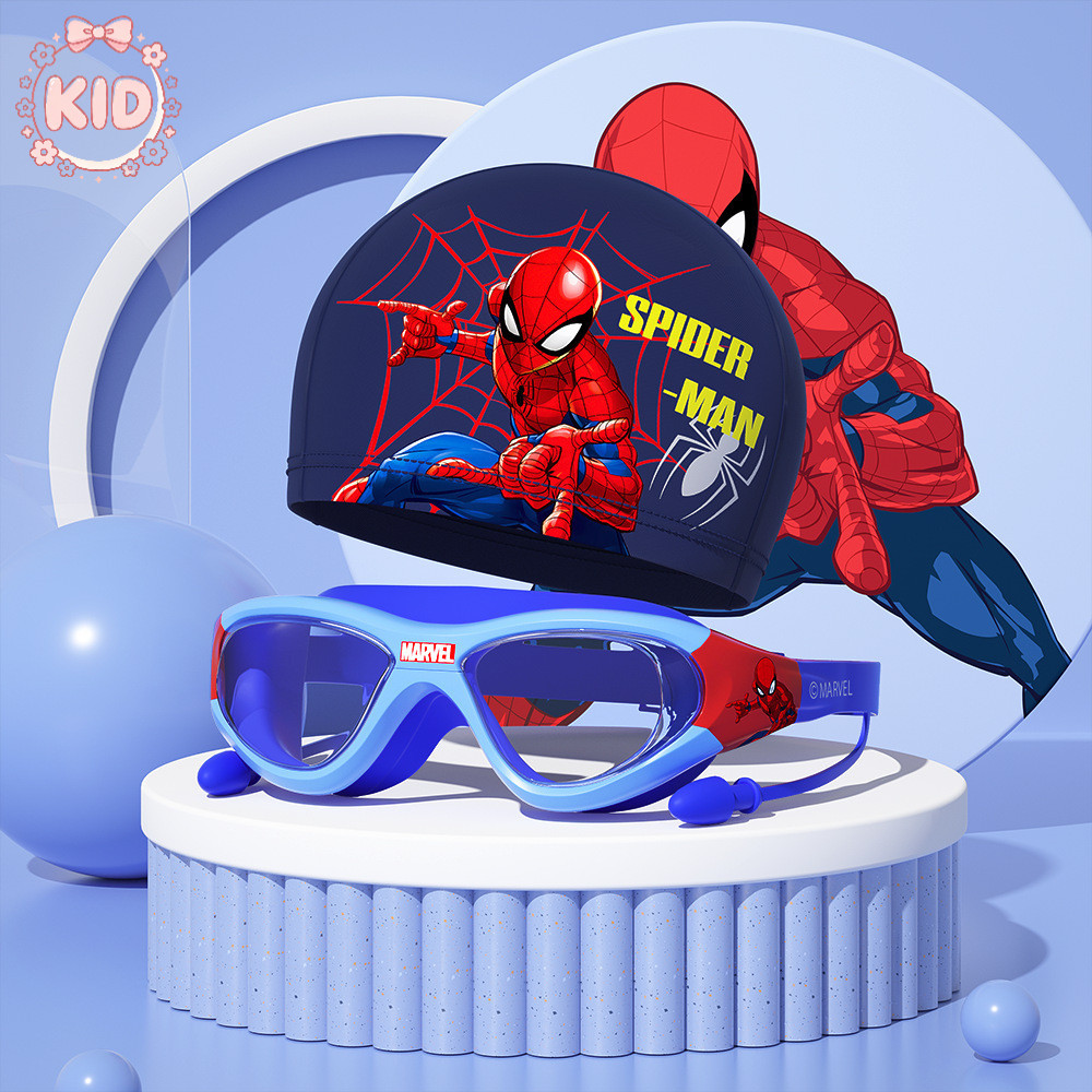 ชุดแว่นตาว่ายน้ำและหมวกการ์ตูน Spider-Man & Elsa สำหรับเด็ก พร้อมเทคโนโลยีกันหมอกและน้ำได้ดี