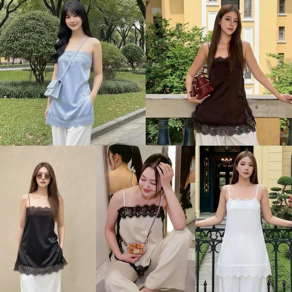 เสื้อสายเดี่ยวผ้าซาตินประดับลูกไม้ตัวนี้ดูทันสมัยและมีสไตล์มาก สวมใส่แล้วดูดีและสามารถใส่คู่กับกระโปรง กางเกงขาสั้น หรื