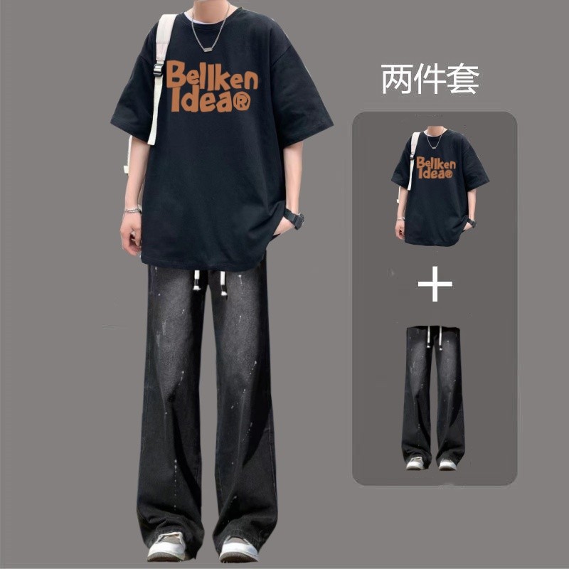 เสื้อยืดแขนสั้นฤดูร้อนครึ่ง T444 Pure Cotton + K80 ชุดยีนส์ S-3XL