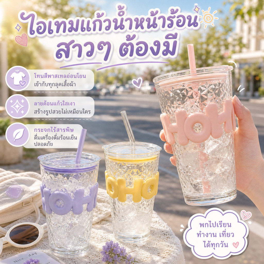แก้วลายโบว์ ใบสั้น ใบยาว สีใส แก้วใส่กาแฟ โยเกิร์ต ซีเรียล สายคาเฟ่ มินิมอล แก้วใส่ชานมไข่มุก แก้วรูปโบว์