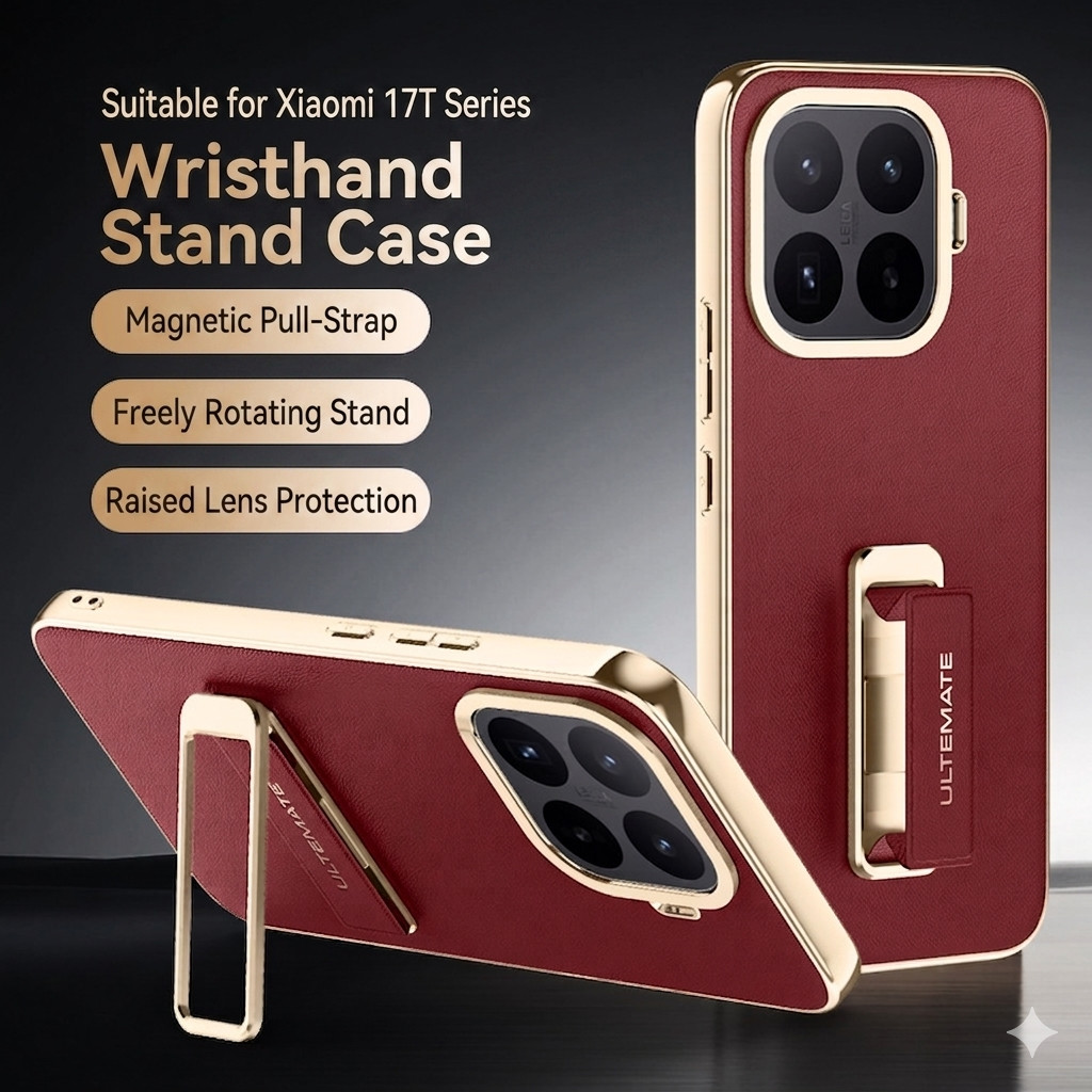 เคส Xiaomi 17T Pro Star Gen 2 แม่เหล็ก สายรัดข้อมือ ขาตั้งหมุน 360° กันกระแทก หนังพรีเมี่ยม ขอบทอง 2in1 ป้องกันเลนส์.