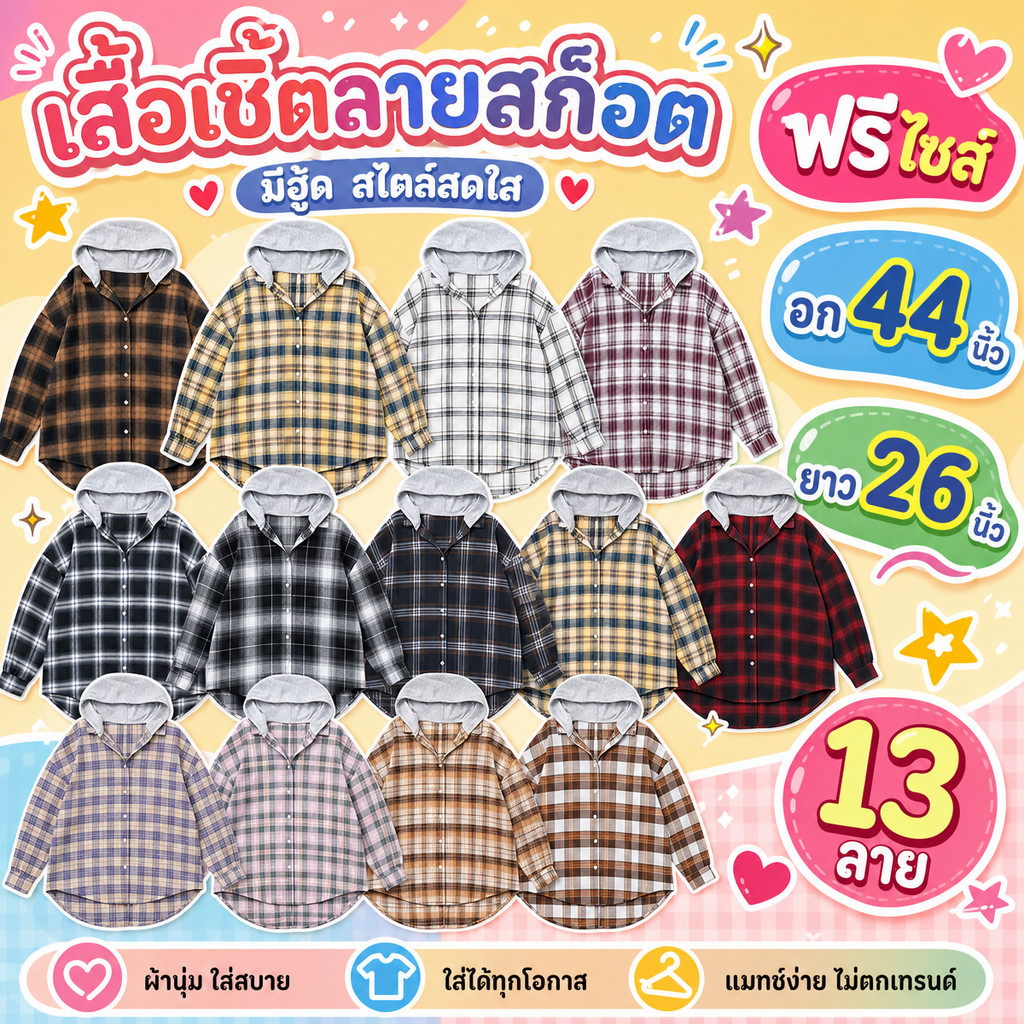 เสื้อเชิ้ตลายสก็อตมีฮู้ด ทรง Oversize เสื้อคลุมแขนยาว สไตล์วินเทจเกาหลี ได้ทุกหุ่น