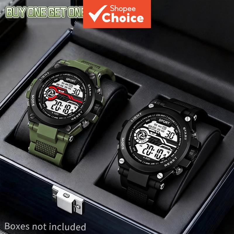 นาฬิกาข้อมือกีฬาแบบดิจิทัล Unisex ซื้อ 1 แถม 1, สายซิลิโคน, ปลุก/จับเวลา, หน้าปัดมีไฟ